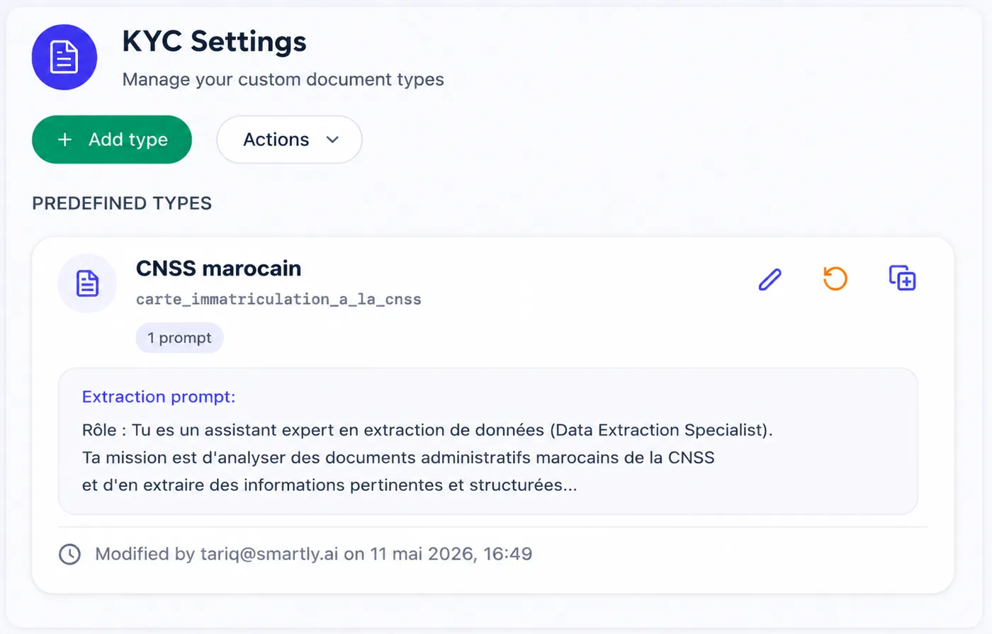 Types de documents KYC Settings